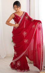 Ideal Red Color Satin Fabric Partywear Saree