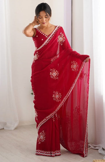 Ideal Red Color Satin Fabric Partywear Saree