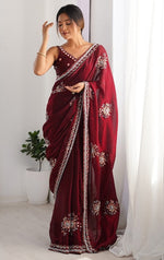 Ideal Maroon Color Satin Fabric Partywear Saree