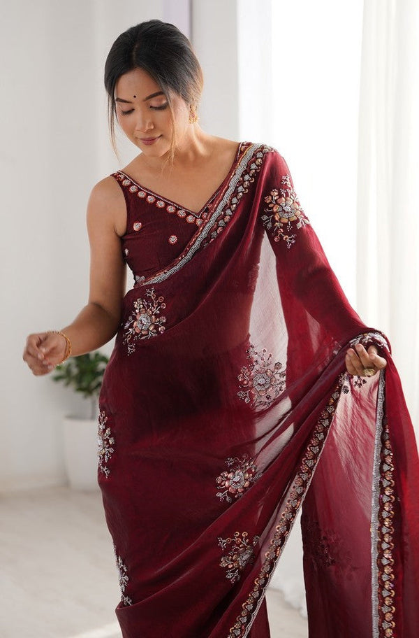 Ideal Maroon Color Satin Fabric Partywear Saree