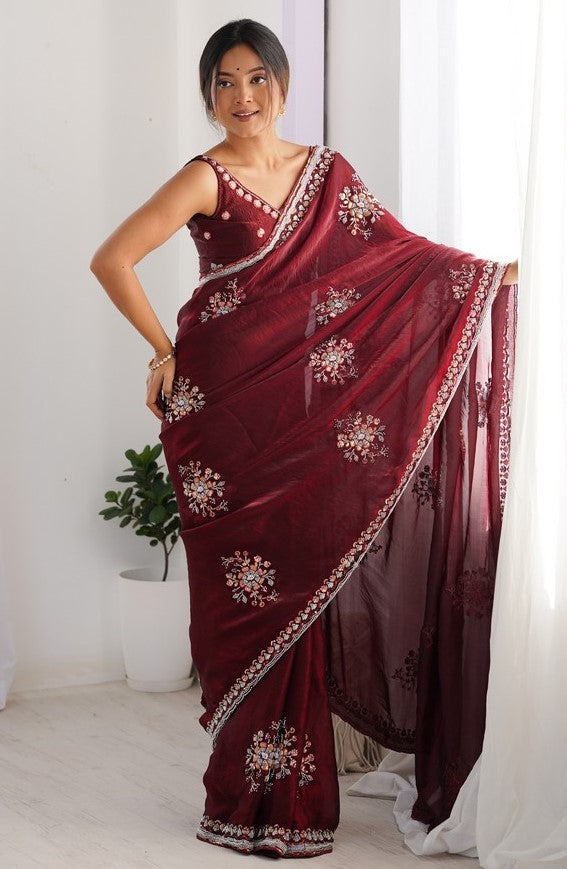 Ideal Maroon Color Satin Fabric Partywear Saree