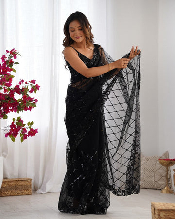 Amazing Black Color Net Fabric Partywear Saree