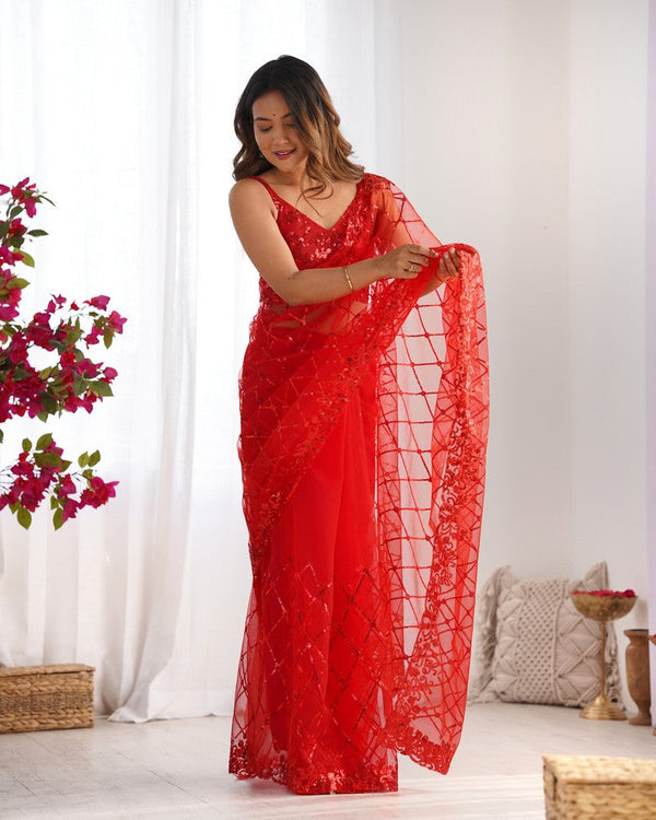 Amazing Red Color Net Fabric Partywear Saree