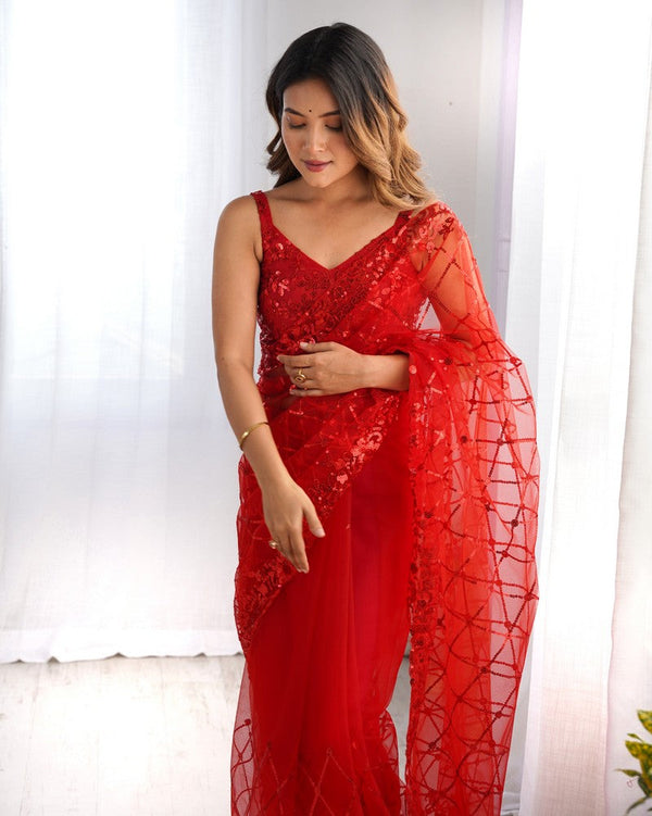 Amazing Red Color Net Fabric Partywear Saree