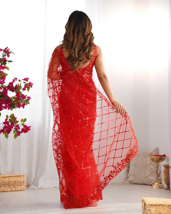 Amazing Red Color Net Fabric Partywear Saree