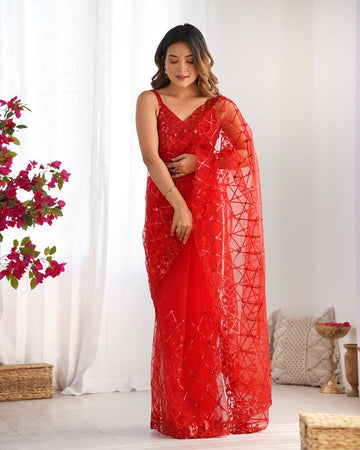 Amazing Red Color Net Fabric Partywear Saree