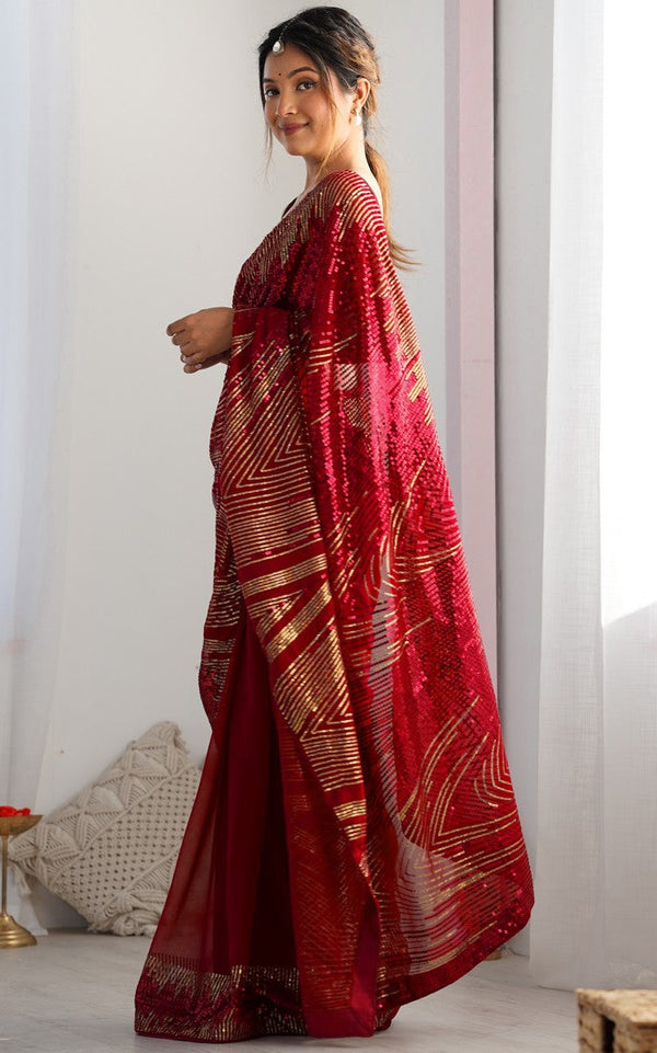Dazzling Maroon Color Georgette Fabric Partywear Saree