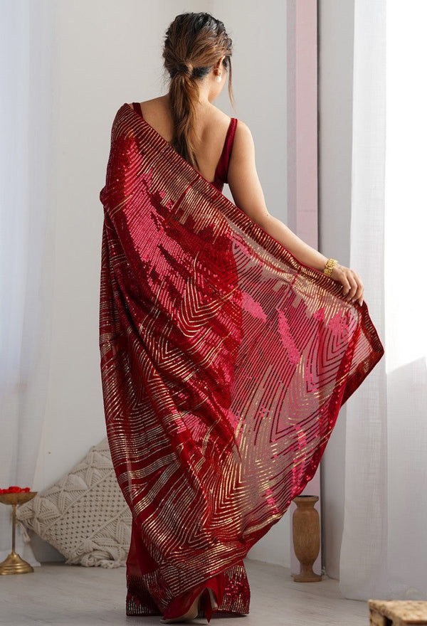 Dazzling Maroon Color Georgette Fabric Partywear Saree