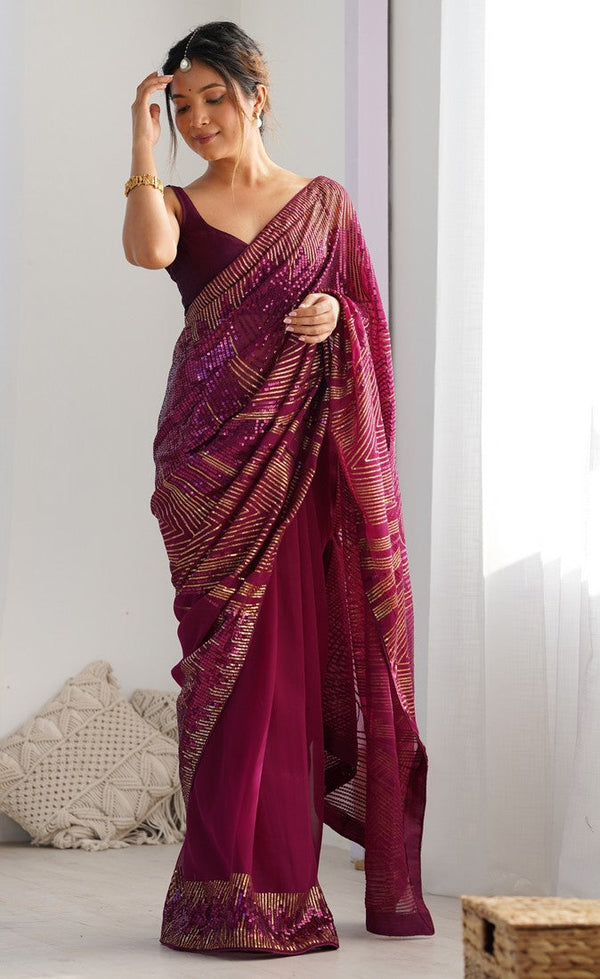 Dazzling Wine Color Georgette Fabric Partywear Saree