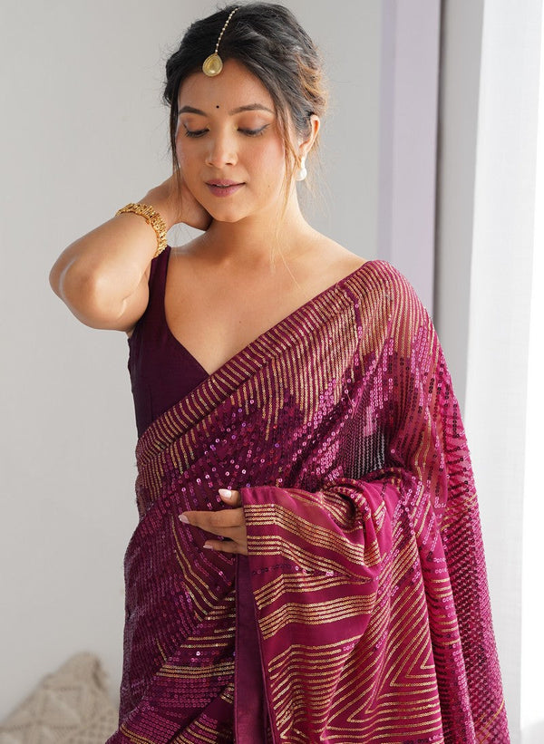 Dazzling Wine Color Georgette Fabric Partywear Saree