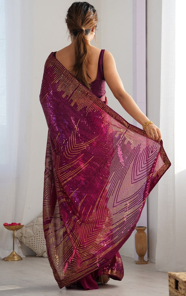 Dazzling Wine Color Georgette Fabric Partywear Saree
