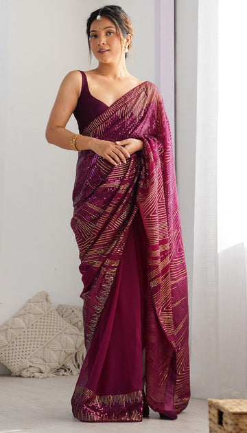 Dazzling Wine Color Georgette Fabric Partywear Saree