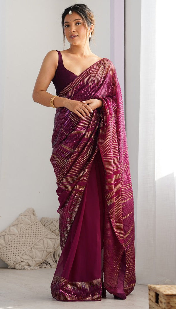 Dazzling Wine Color Georgette Fabric Partywear Saree