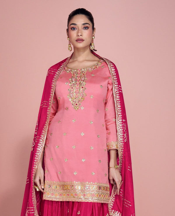 Tasteful Peach Color Chinon Fabric Plazzo Suit