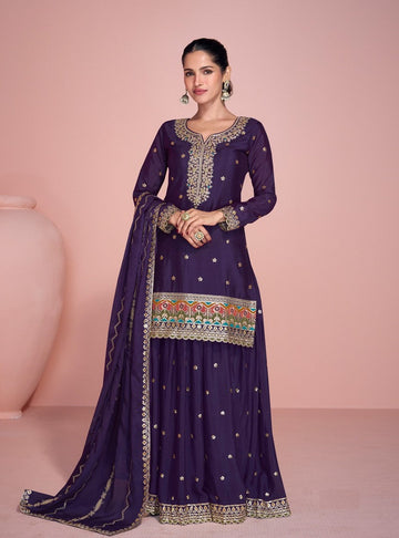 Tasteful Voilet Color Chinon Fabric Plazzo Suit