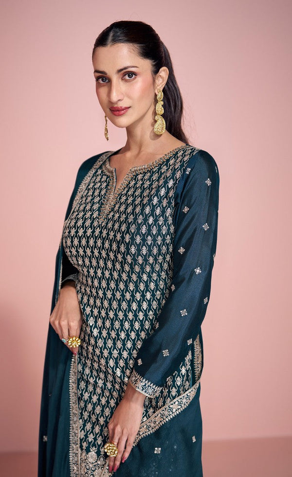 Tasteful Teal Color Chinon Fabric Plazzo Suit
