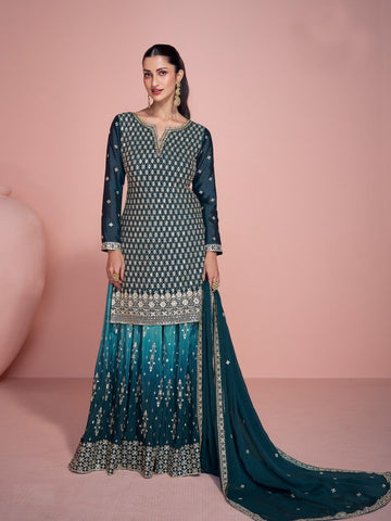 Tasteful Teal Color Chinon Fabric Plazzo Suit