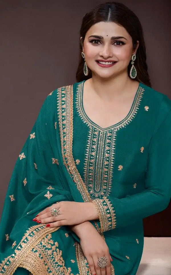 Beautiful Green Color Chinon Fabric Plazzo Suit