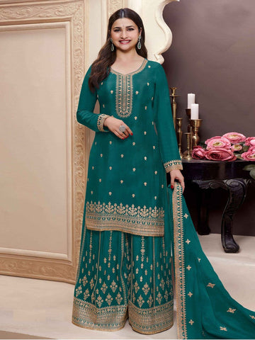 Beautiful Green Color Chinon Fabric Plazzo Suit