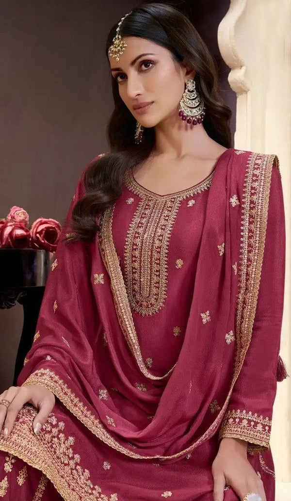 Beautiful Maroon Color Chinon Fabric Plazzo Suit