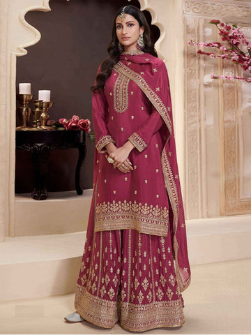 Beautiful Maroon Color Chinon Fabric Plazzo Suit