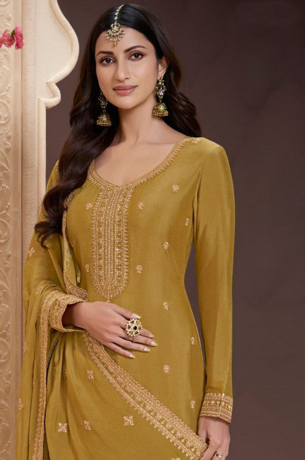 Beautiful Yellow Color Chinon Fabric Plazzo Suit