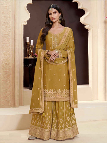 Beautiful Yellow Color Chinon Fabric Plazzo Suit