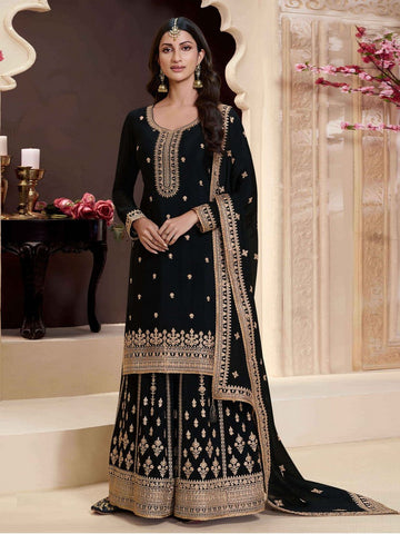 Beautiful Black Color Chinon Fabric Plazzo Suit