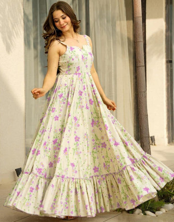 Dazzling Cream Color Rayon Fabric Gown