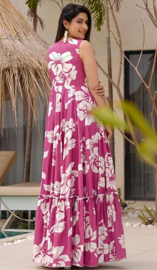 Dazzling Pink Color Rayon Fabric Gown