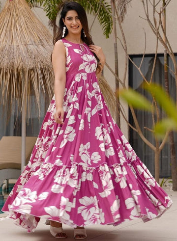 Dazzling Pink Color Rayon Fabric Gown