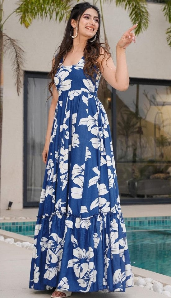 Dazzling Blue Color Rayon Fabric Gown
