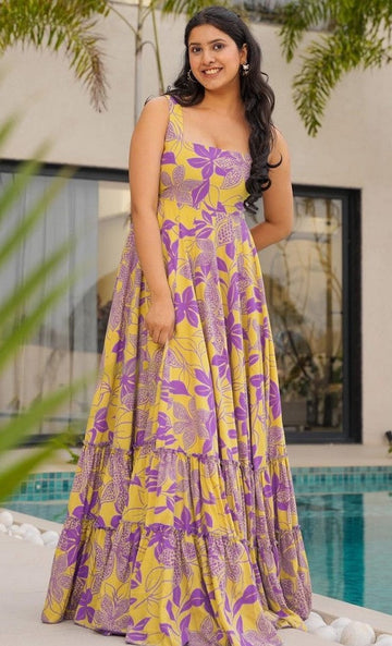 Dazzling Yellow Color Rayon Fabric Gown