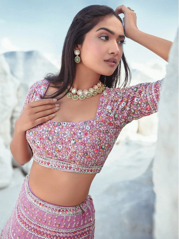 Divine Pink Color Georgette Fabric Party Wear Lehenga