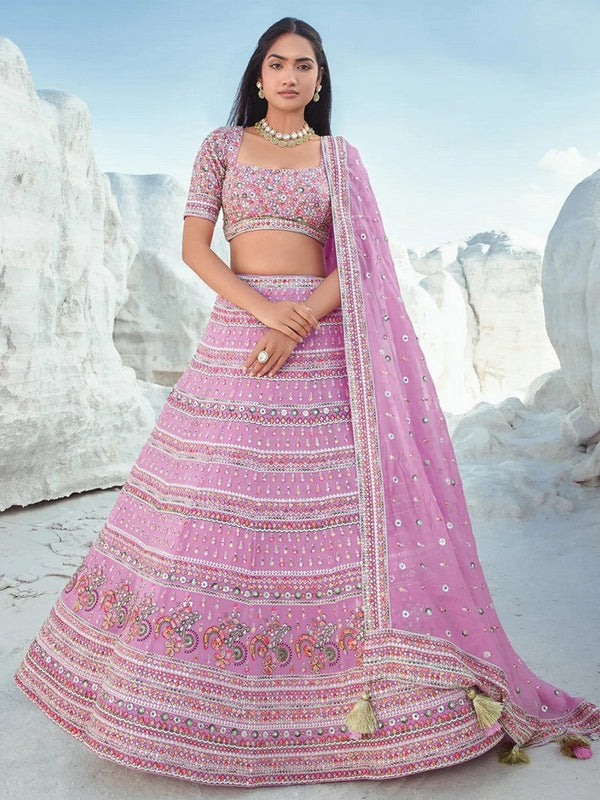 Divine Pink Color Georgette Fabric Party Wear Lehenga