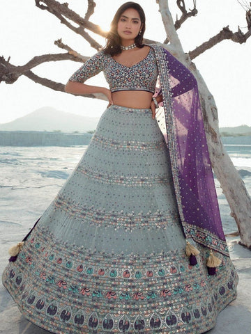 Divine Grey Color Georgette Fabric Party Wear Lehenga