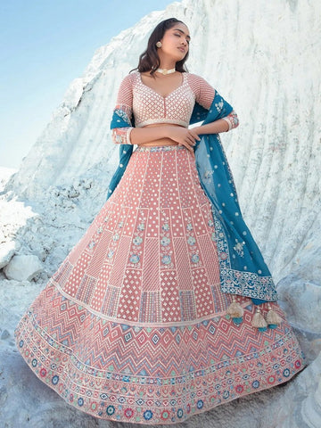 Divine Peach Color Georgette Fabric Party Wear Lehenga