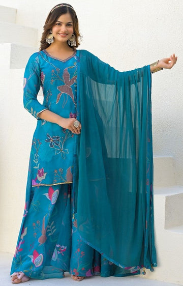 Beautiful Blue Color Georgette Fabric Plazzo Suit