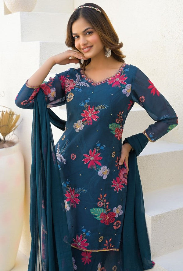 Beautiful Navy Blue Color Georgette Fabric Plazzo Suit