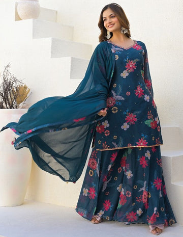 Beautiful Navy Blue Color Georgette Fabric Plazzo Suit