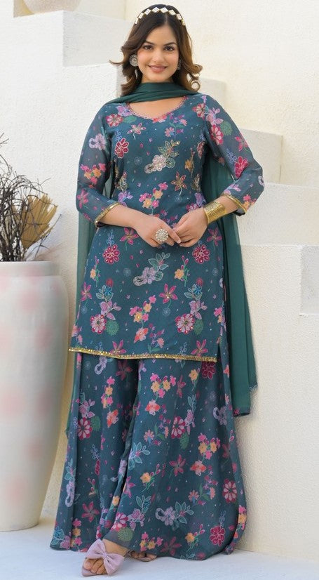 Beautiful Green Color Georgette Fabric Plazzo Suit
