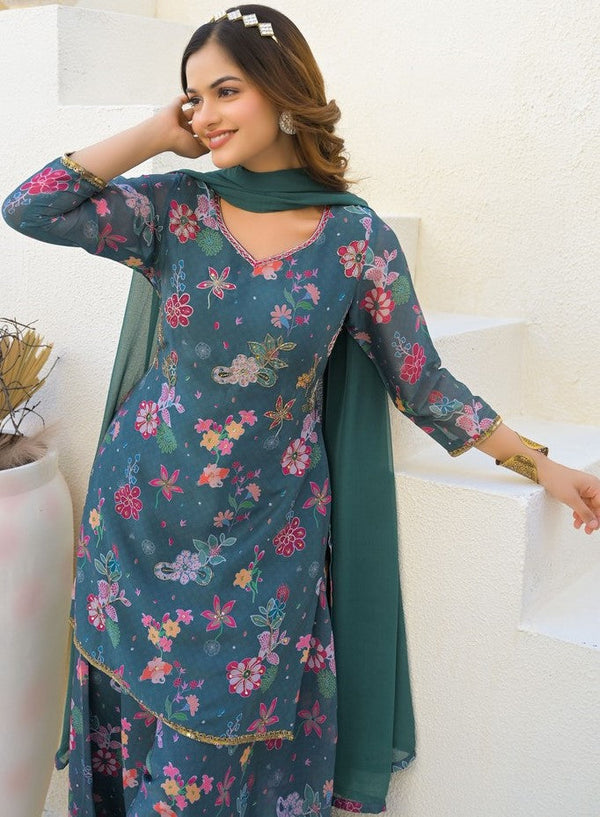 Beautiful Green Color Georgette Fabric Plazzo Suit