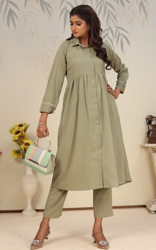 Lovely Green Color Cotton Fabric Cord Set