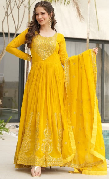 Dazzling Yellow Color Georgette Fabric Gown