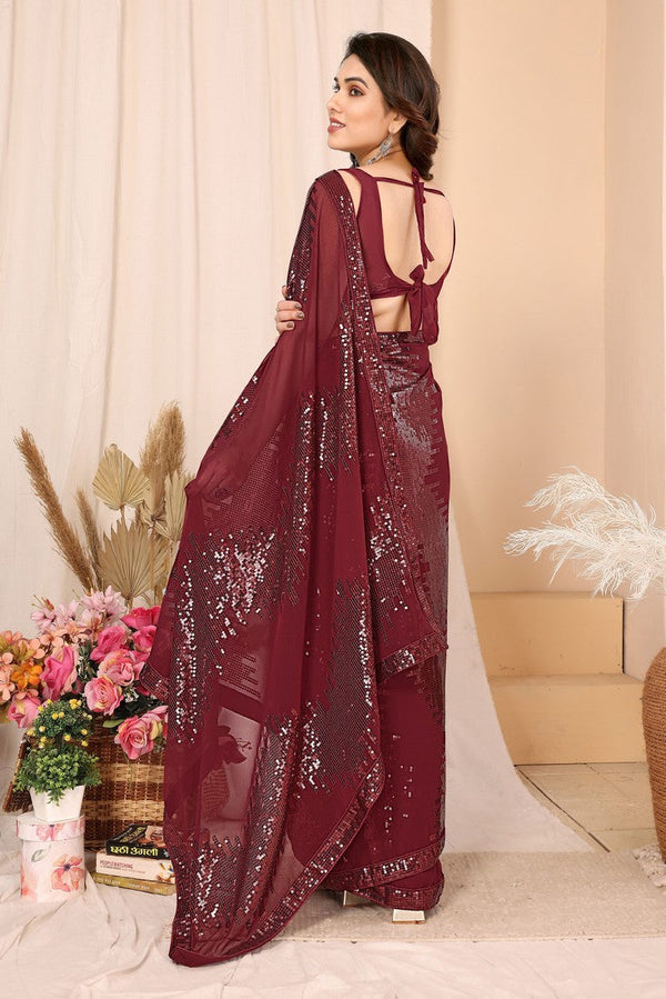 Lovely Maroon Color Georgette Fabric Designer Saree