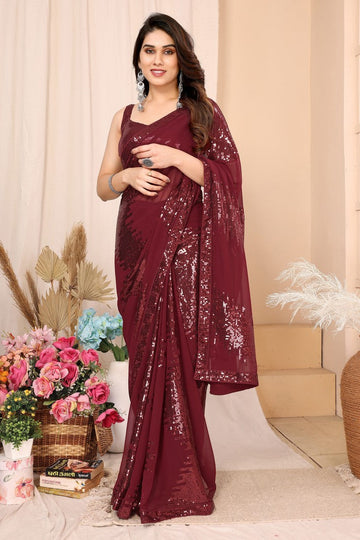 Lovely Maroon Color Georgette Fabric Designer Saree