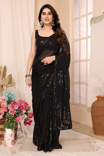 Lovely Black Color Georgette Fabric Designer Saree