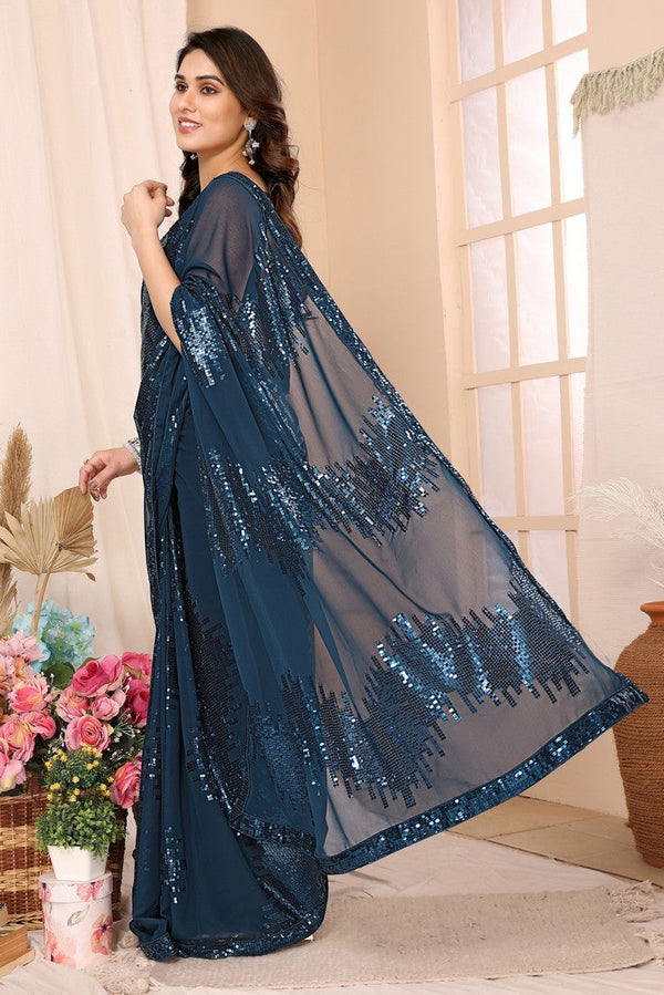 Lovely Teal Color Georgette Fabric Designer Saree