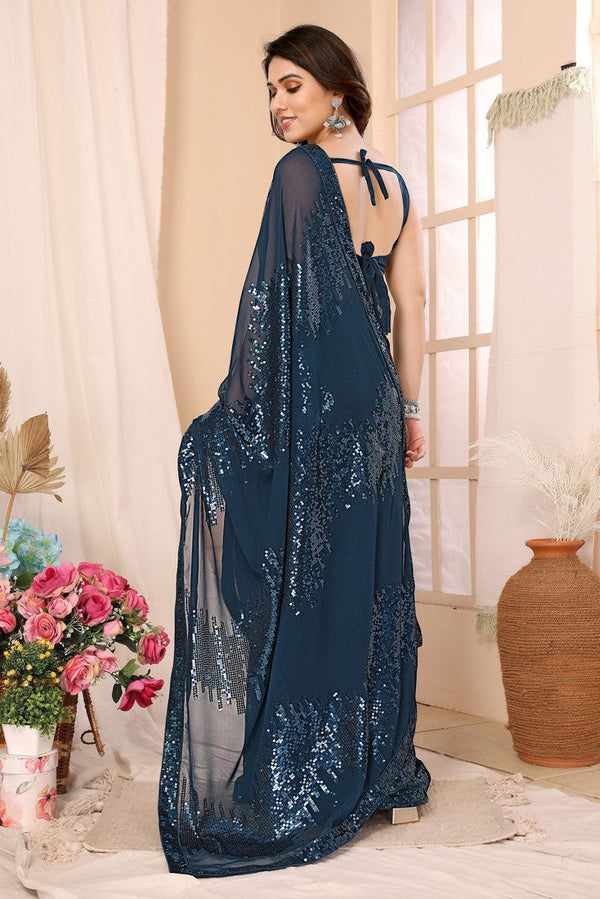 Lovely Teal Color Georgette Fabric Designer Saree