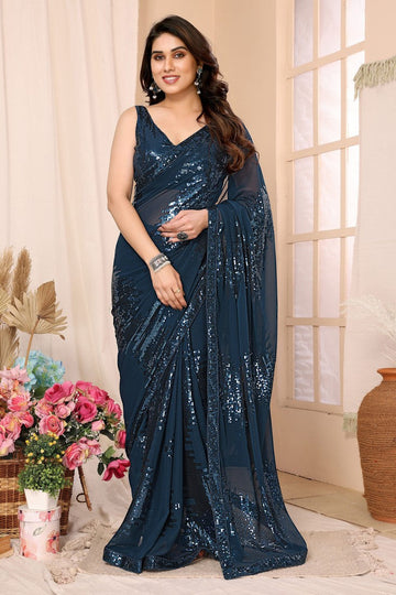 Lovely Teal Color Georgette Fabric Designer Saree